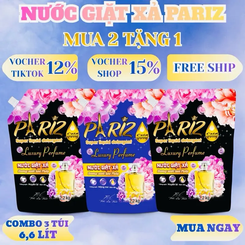 ( Chọn màu GHI CHÚ ) Combo 3 túi Nước giặt Pariz Gold hương hoa Pháp 2kg2 - combo 3 túi tiết kiệm , thơm dai , làm sạch ( giao màu ngẫu nhiên )