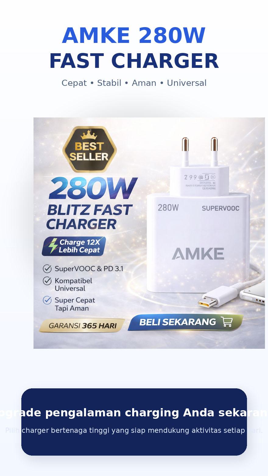 AMKE Adaptor Charger 280W Fast Charging Multi Port Type C Micro USB Untuk Semua HP Android SuperVOOC & PD 3.1 - Batok, Adapter