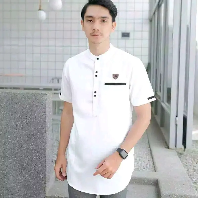 Baju Koko Pria Muslim Pendek Dewasa Bahan Katun Toyobo Lokal - Panjang, Putih, Kurta, Motif