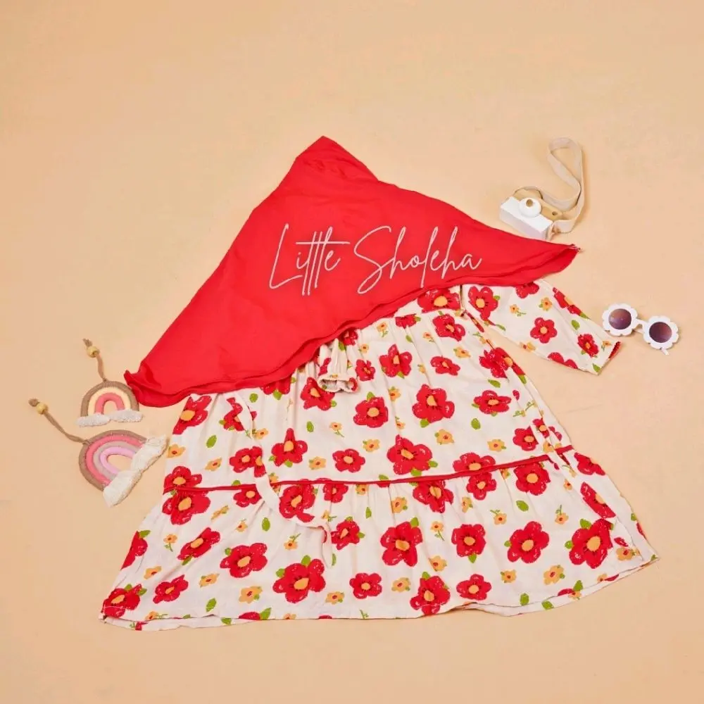 gamis anak set hijab motif  cantik lebaran murah