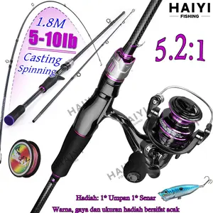 Pancing 1 Set Lengkap 1.65M/1.8M/2.1M 2 Sections Fiberglass Holow Rod Travel Lure Rod Model 2000-6000 Gear Ratio: 5.2:1 Spool Reel Pancing Aluminum Spool Fishing Reel Max Drag 2-8KG Pancing Set Lengkap
