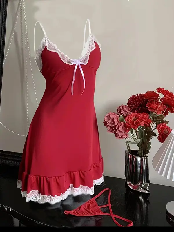 Women's Plain Lace Trim V Neck Cami Nightdress, Elegant Comfy Nightgown for All Seasons, Ladies Sleepwear for Daily Wear 2