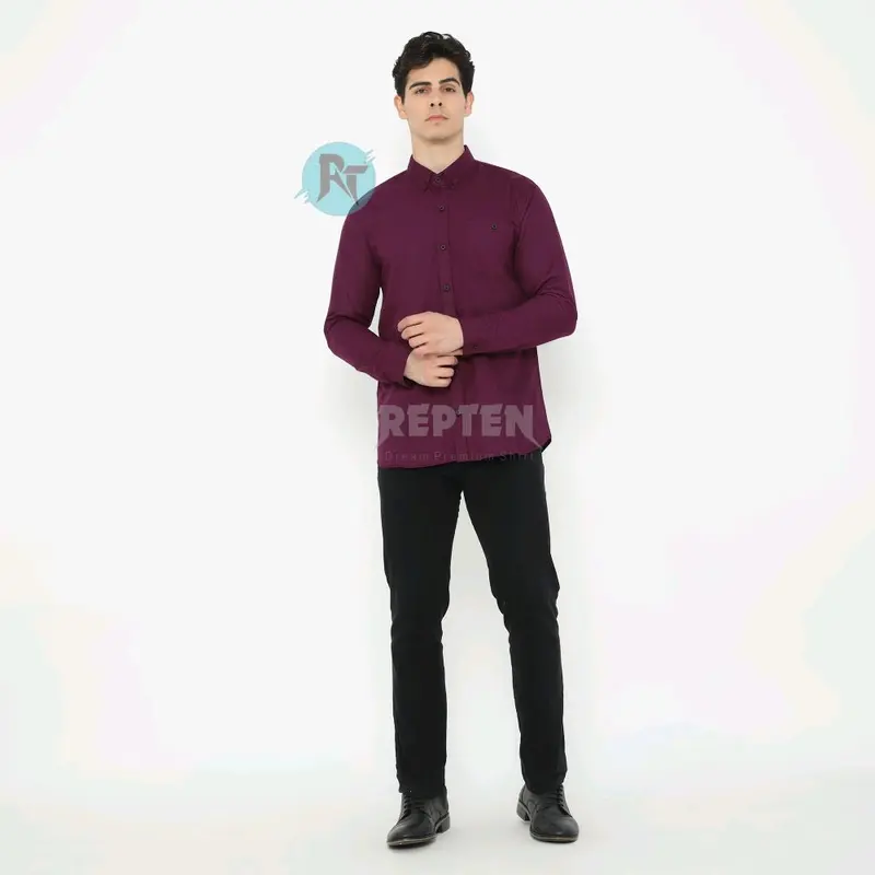 Panjang Burgundy M L XL (2XL),(3XL) (4XL) (5XL), kualitas premium bahan adem dan tebal Distro Pria Baju Kerja Variasi Kancing Katun Kerah Slim Fit Formal Hem Casual Kantor Cowok Batik Hitam 4