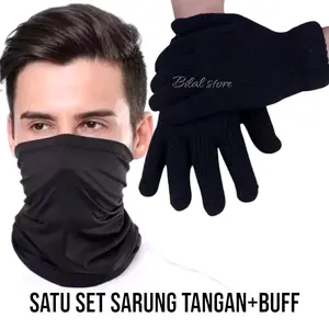 Paket Sarung Tangan Rajut Full Jari + Buff Hitam Polos untuk Perlindungan Berkendara Motor - Gloves Pria