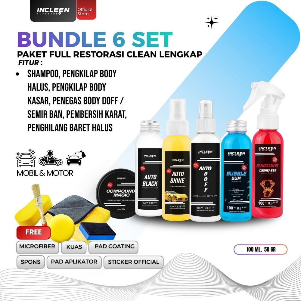 [ PAKET TESTER UKURAN 100ML ] CUCI MOBIL MOTOR LENGKAP 6 BOTOL - PEMBERSIH DAN PERAWTAN KENDARAAN kinclong tanpa ribet by INCLEEN AUTO CARE