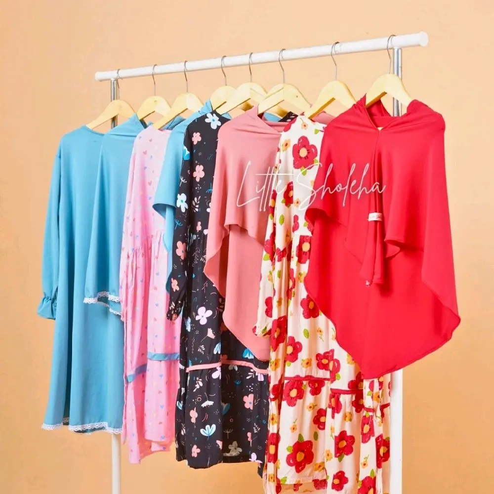 Gamis Anak Perempuan Cantik Buat Hari Raya set gamis & hijab anak Bunga Katun Muslim Dress Panjang Baju anak perempuan syari