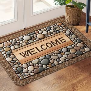 1 Pieza de Tapete para Puerta con Patrón de Piedra y Diseño de "bienvenido" para Decoración de Estilo Granja, Alfombra para Entrada de Casa, Impresión Suave, Tapete para Cocina, Sala de Estar, Cuarto de Lavado, Alfombra Decorativa, la Mejor Opción