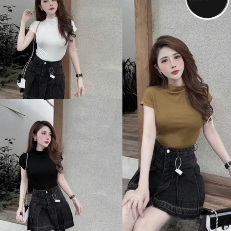  A40a Áo thun nữ ôm body cổ cao 2CM tay ngắn vải thun đẹp mềm mại thoáng mát a93 