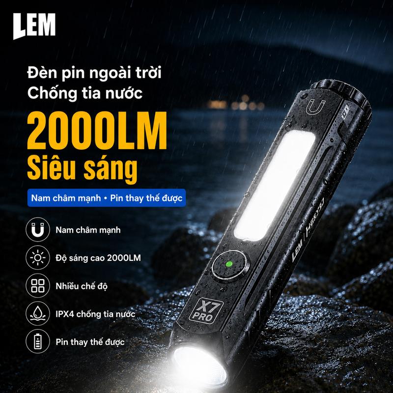 LEM X7 Đèn Pin LED Cầm Tay Siêu Sáng 1300LM - Chiếu Xa 479m Với Chùm Tia Dài - Pin Sạc 18650 3000mAh Dung Lượng Cao - Thiết Kế Công Tắc Xoay Và Công Tắc Đuôi Tiện Lợi - Phụ Kiện Cắm Trại Dã Ngoại An Toàn