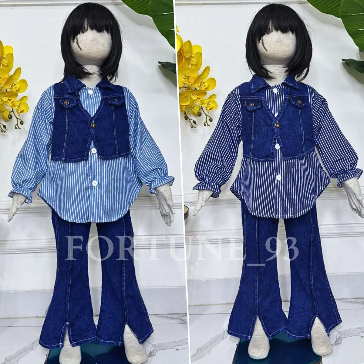 Stelan jins anak perempuan import korean style celana cutbray usia 3 - 12 tahun motif salur mix rompi jins setelan salur anak perempuan lucu virall kemeja lengan panjang anak perempuan - COD Baju Jeans Fashion