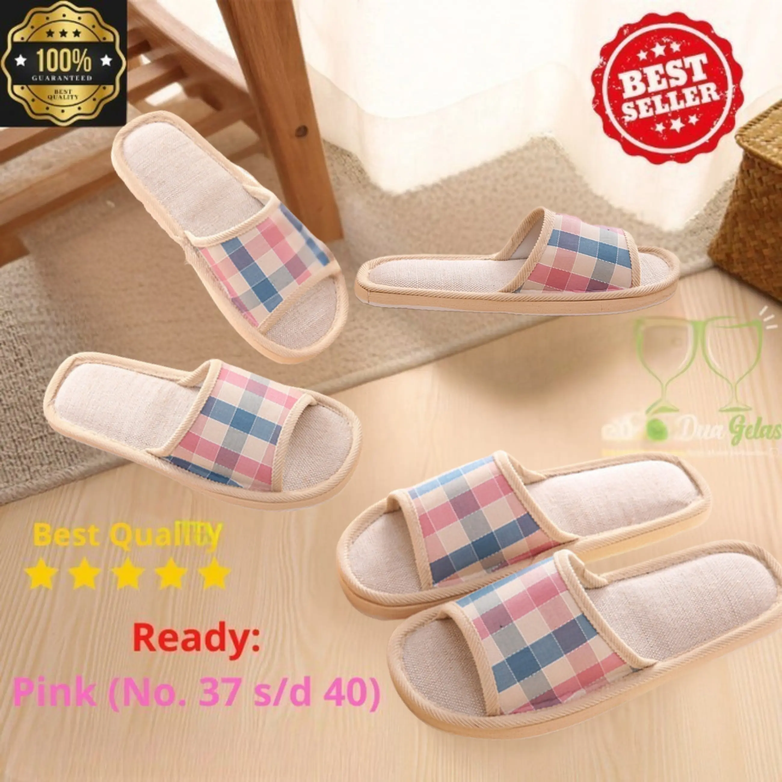 Sandal Sendal Selop Slipper Indoor Hotel Dalam Ruangan Rumah Kamar Tidur Mandi Santai Bahan Kain Linen Lembut Ringan Nyaman Sol Eva Karet busa Tebal Anti Slip Licin Wanita