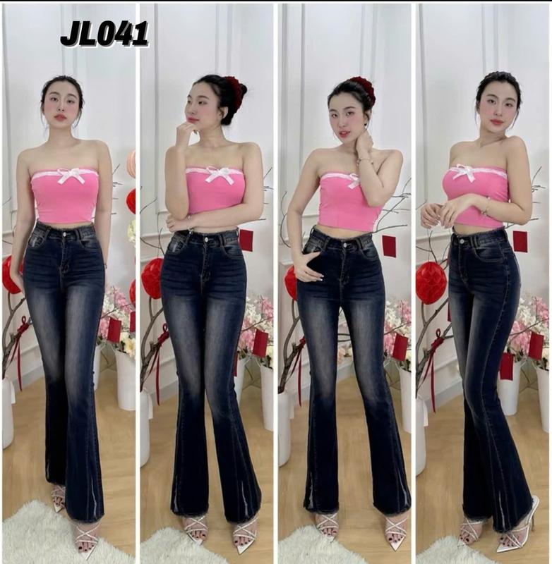 Quần Jeans Nữ Ống Loe Dài Lưng Tua Màu Tím Than
