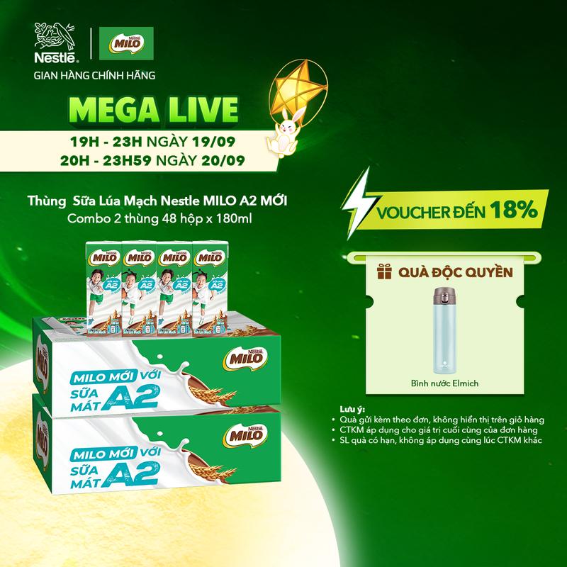 [Mega Live, Quà Độc Quyền] Nestlé VN Combo 2 Thùng Sữa Lúa Mạch Nestle MILO Sữa Mát A2 MỚI (12x4x180ml)