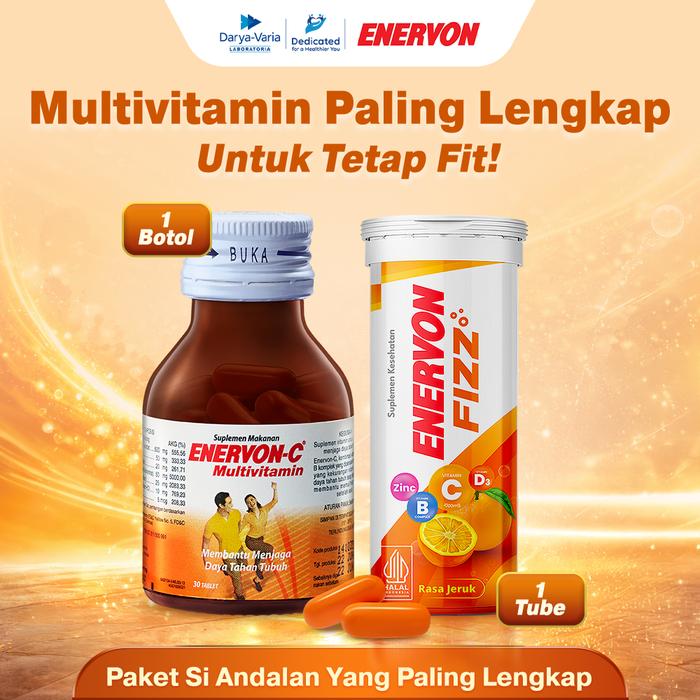 Gambar [BARU] Enervon Fizz Paket Tablet Effervescent + Enervon-C -  Suplemen Kesehatan dengan Vitamin C dan B Complex, D3 plus Zinc - Vitamin Lengkap Untuk Daya Tahan & Energi - 1 Enervon Fizz & 1 Enervon C Botol dari Darya Varia Kota Tangerang Tokopedia