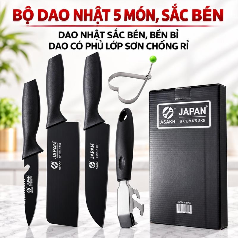 Bộ dao Nhật 5 món, sắc bén, bền bỉ, có phủ lớp sơn chống rỉ