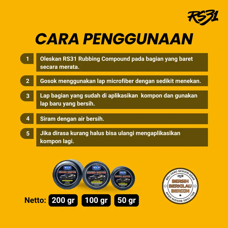 RS31 Rubbing Compound Penghilang Baret Mobil Motor Helm Kaca 50gr 100gr 200gr Super Ampuh Menghilangkan Baret Halus & Swirl Mark Dengan Wax & Silikon 3
