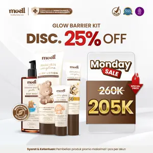 PAKET MURAH ISI 4! Moell Glow Barrier Kit deals! Body Lotion 185gr & Physical Sunscreen 30gr & Face Cream 40gr & Body Wash 185gr -Melindungi Dan Memperkuat Skin Barrier - Dengan Microbiome Teknologi Formulasi Dokter - Skincare Anak