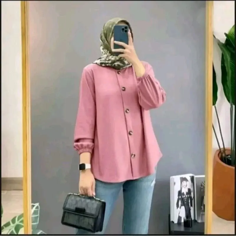 Rekomendasi Atasan Kemeja Polos Wanita Bahan Crinkle Airflow Premium Tebal Baju Formal Tangan Panjang Pakai Karet Nyaman Buat Kerja Dan Bisa  Busui Ada Kancing  Mewah Kerah Muslim