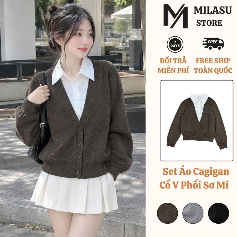 Set Áo Len Thỏ Cổ V Dài Tay Phối Liền Áo Sơ Mi Trắng Milasu Áo Kiểu Bo Gấu Mix Sơ Mi Thanh Lịch 573