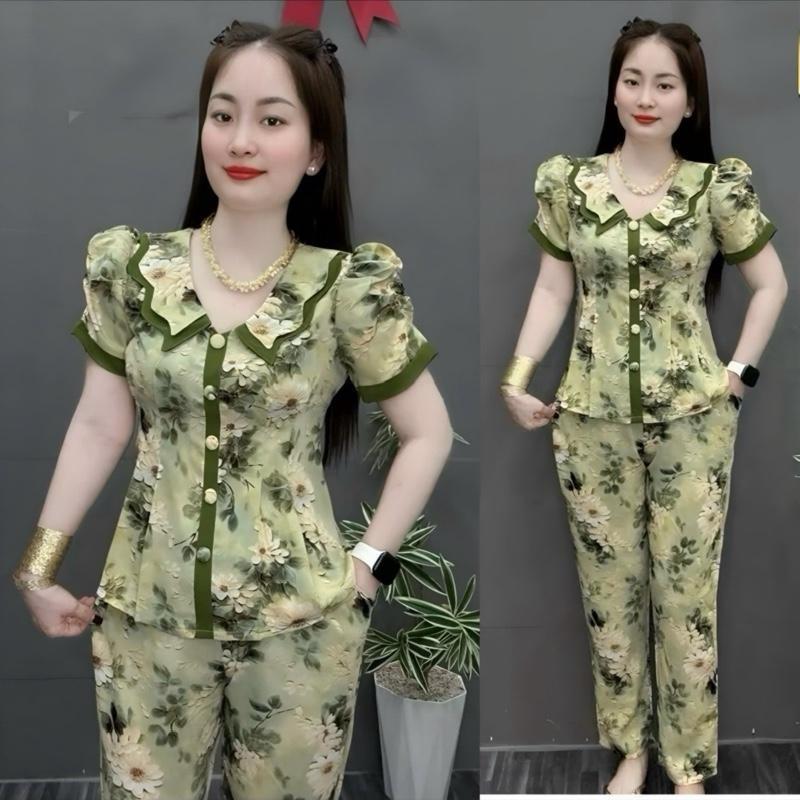 Đồ Bộ Dài Lụa Mango Cổ Bèo Nhọn Tay Nhún Size 45-75 Ký #0795