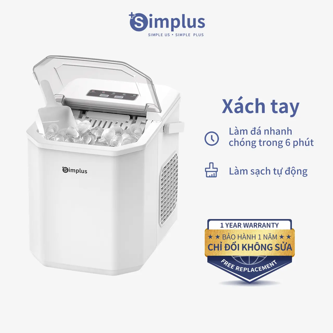 SimplusVN Máy Làm Đá Simplus Dung Tích 1.3L ZBJH001, Giữ Lạnh Lâu, Chức Năng Tự Làm Sạch, Bảo Hành 1 Năm Chỉ Đổi Không Sửa