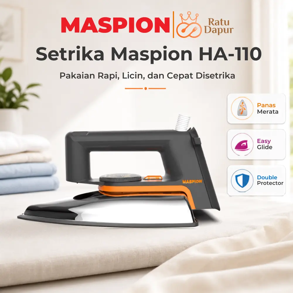 [AFF5] Maspion Setrika HA-110 Stainless Grey 350W Hemat Listrik Ergonomis Anti Lengket Garansi 1 Tahun Model HA-110