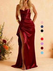 Vestido largo de noche para mujer, vestido de novia de satén en línea A, diseño fruncido con abertura, elegante atuendo formal, perfecto para ocasiones especiales