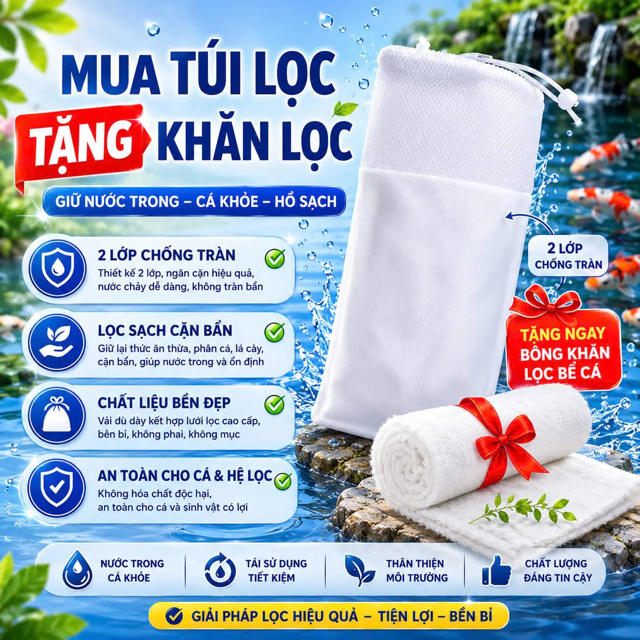 Khăn lọc bể cá siêu mịn (30x20cm) - Giữ bụi mịn thức ăn dư thừa cực kỳ tốt, chặn lại các tạp chất hữu cơ trong nước trong hồ cá