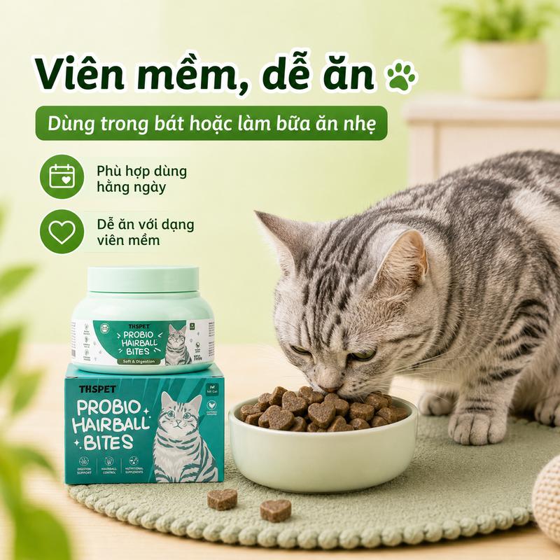 THSPET ProBio Hairball Bites 150g – Viên Mềm Cho Mèo Vị Gà & Gan Gà, Có Cỏ Mèo, Bí Đỏ Và Chất Xơ