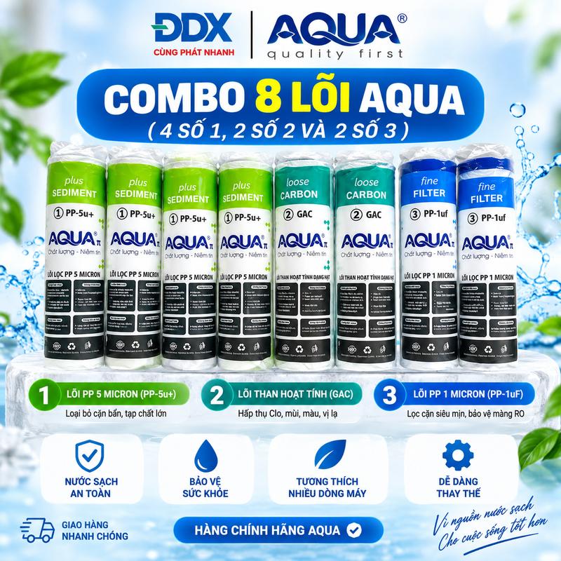 Combo 8 lõi lọc thô 123 Aqua (4 lõi 1, 2 lõi 2, 2 lõi 3) | Bộ lõi lọc nước Aqua khử Clo, lọc cặn, thay lõi tiết kiệm