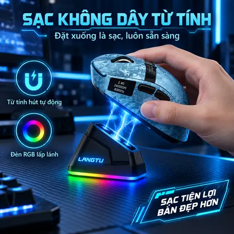 Chuột Chơi Game Không Dây Langtu M8 Siêu Nhẹ 3 Chế Độ Kết Nối Bluetooth Cảm Biến PAW3311 Tần Số 8K Có Màn Hình LED Sạc Từ Tính Thiết Kế Công Thái Học Đa Năng Cho Gaming Và Văn Phòng