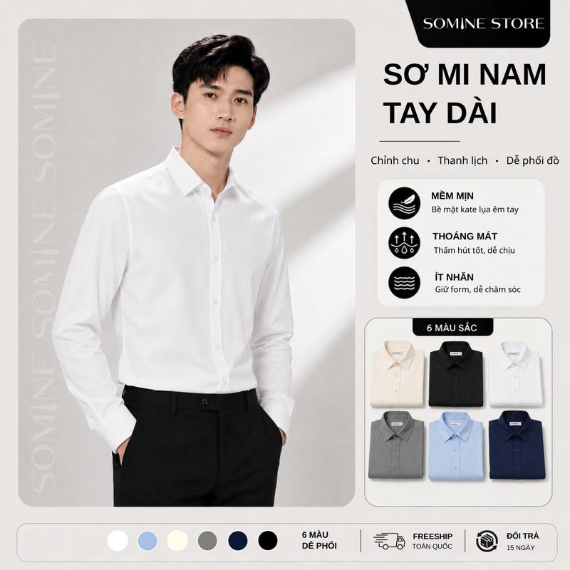 Áo Sơ Mi Công Sở Nam SOMINE Dài Tay Kate Lụa Cao Cấp Mát Mịn Ít Nhăn Lịch Lãm SMTD012