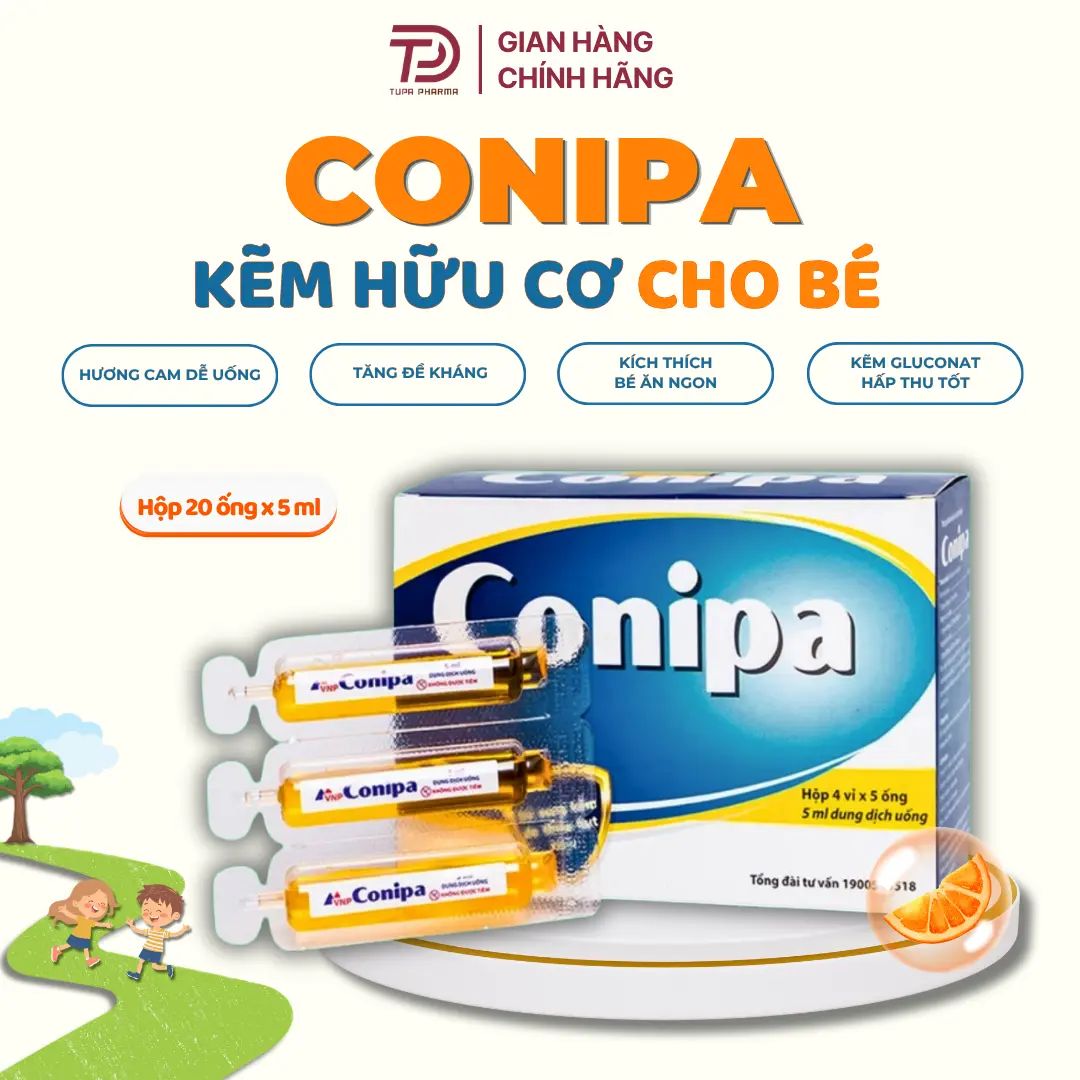 Conipa | Kẽm Hữu Cơ Cho Bé Hương Cam Giúp Ăn Ngon Miệng Hộp 4 Vỉ X 5 Ống (20 Ống)
