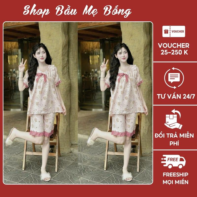 Bộ Đùi  Dáng Baby Doll Mặc Bầu Và Kết Hợp Sau Sinh Chất Liệu Đũi Tơ Nhăn Freesize Dưới 70kg Dành Riêng Cho Mẹ Bầu