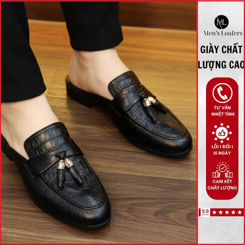 Giày Sục nam vân cá sấu da đen mờ kết hợp chuông đẹp sục nam lười chuông hoa mới nhất,Giầy hở gót thời trang nam