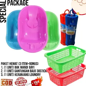 PAKET HEMAT 3 BARANG Bak Mandi Bayi POLIN Bathub Keranjang Baju Folding Puter Bulat Perlengkapan Biru untuk Bayi
