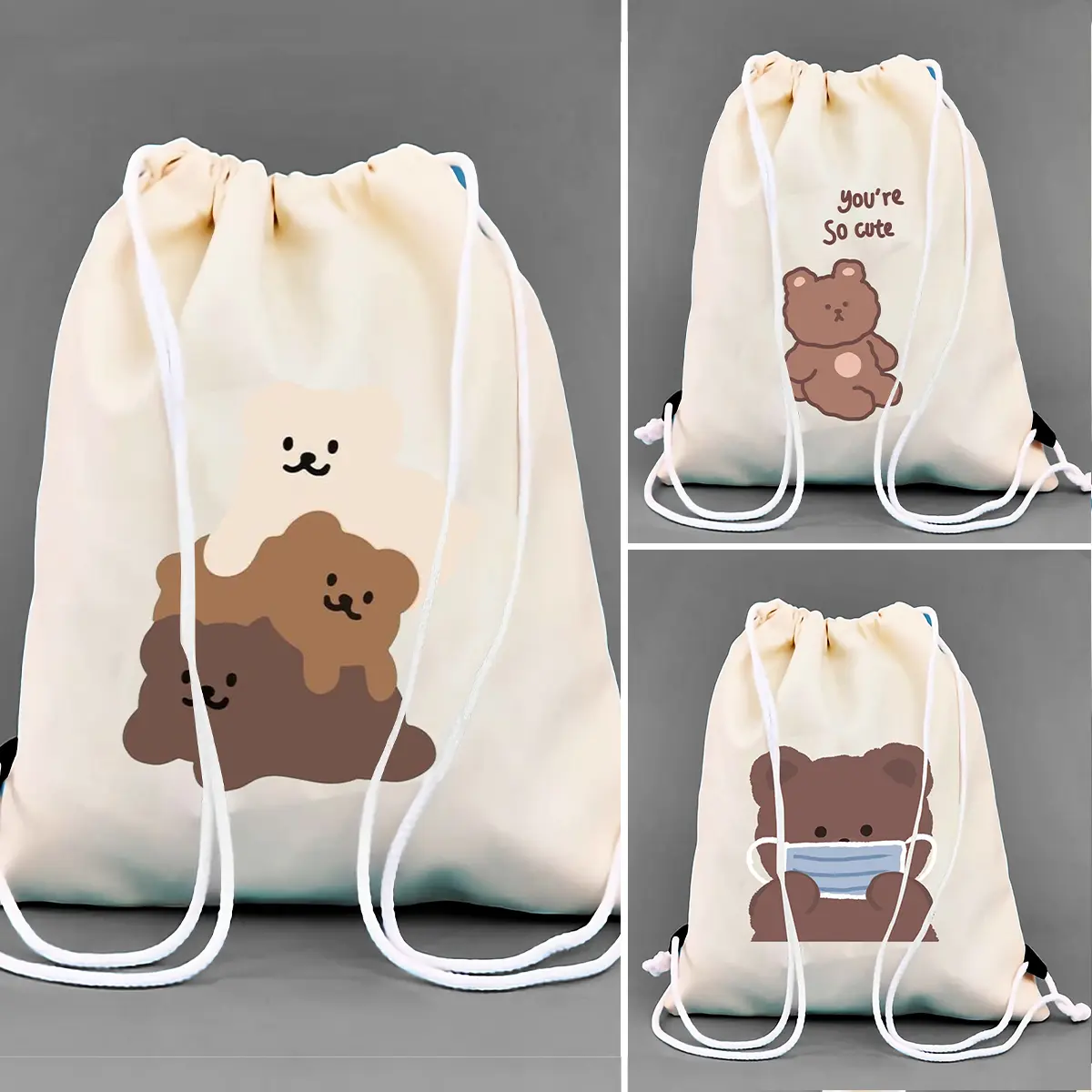 Tas Serut String Bag Kanvas Bear Beruang Lucu Aesthetic Ukuran 30x40