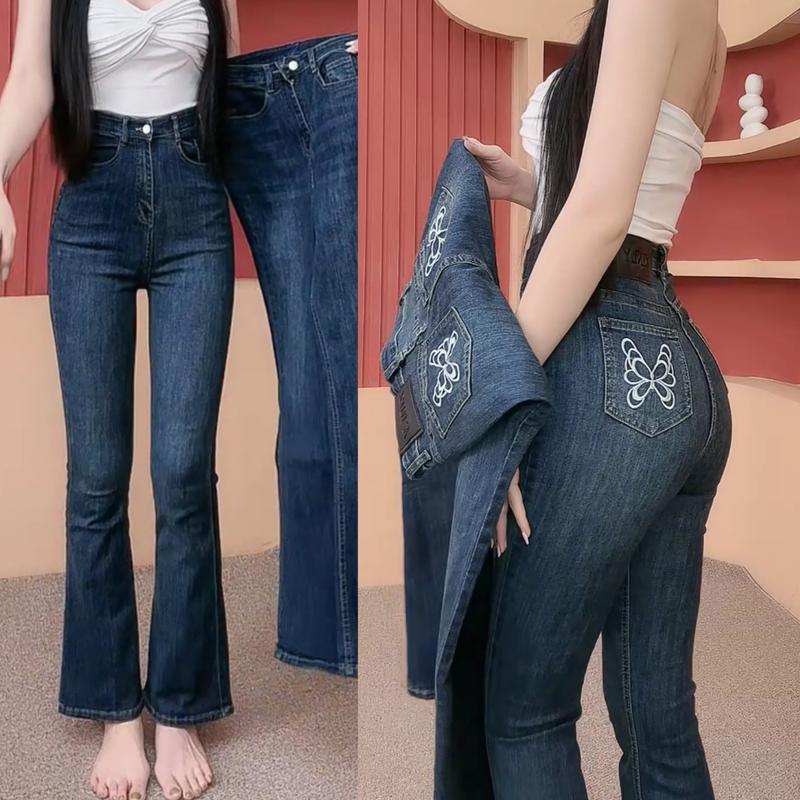 [ ZINLY SHOP ] Quần Jean Nữ Ống Loe Ngắn 95CM VÀ Dài 105CM Cạp Cao Túi Thêu Bướm Hoa Chất Vải Mềm Co Giãn Thoải Mái Q4166