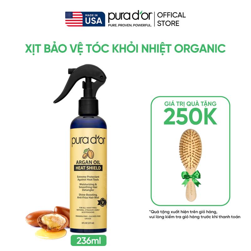 Xịt bảo vệ tóc khỏi nhiệt Argan Oil Heat Shield Pura D'or 236ml Organic, giữ nếp tóc mềm - Mega Livestream