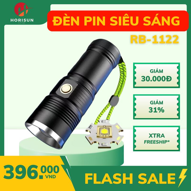 Đèn Pin Siêu Sáng cầm tay RB 1122 pin trâu mAh, chiếu xa 600-1000m có ZOOM xa gần, chống nước, sạc ngược cho điện thoại, vỏ hợp kim nhôm thông minh đèn di động đèn siêu sáng 12000000w