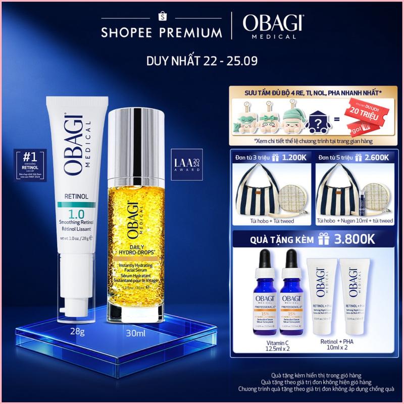 [Đặt ngay trước khi hết] Bộ đôiKem Dưỡng Đêm Obagi Retinol 1.0 (28g) và Serum Vitamin B3 Cấp Nước Dưỡng Ẩm Phục Hồi Da Daily Hydro-Drops 30ml