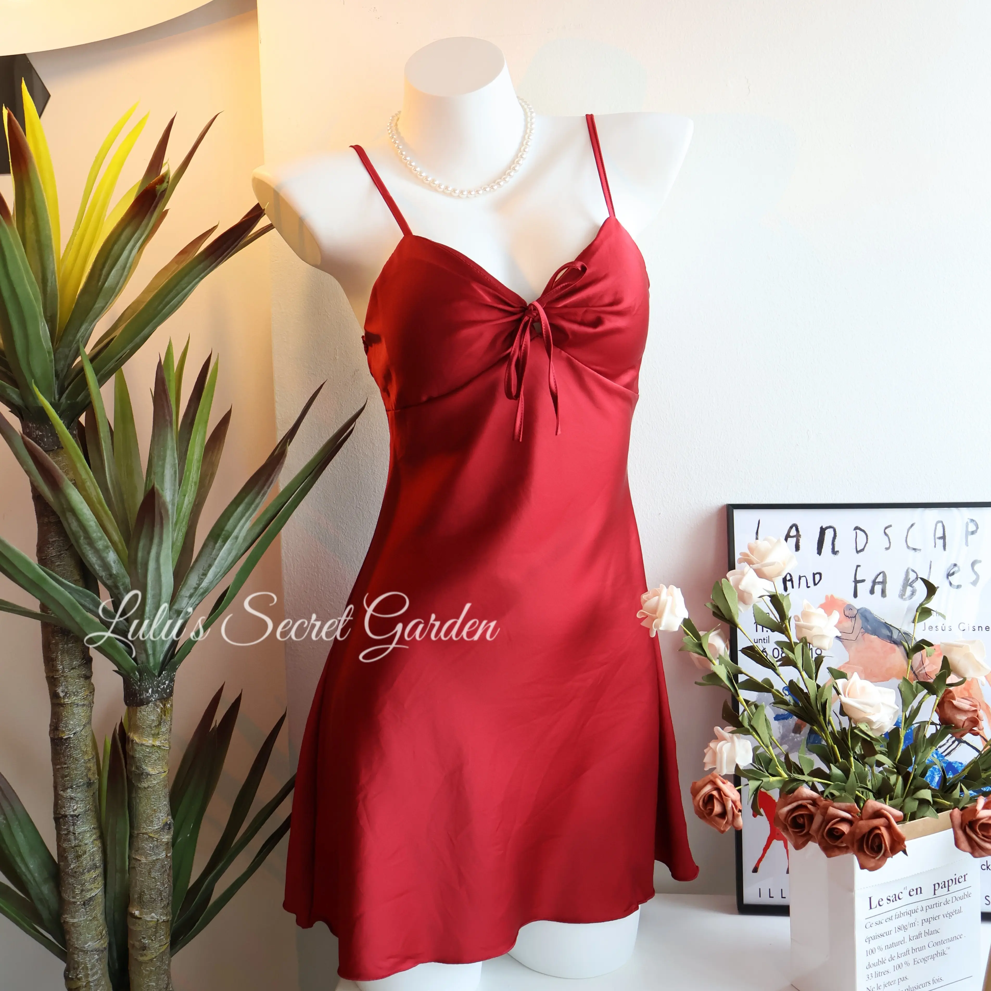 LULU 1035-Ultra-A-line Hem Silky Satin Camisole Sexy Slim Fit Nightdress with Padded Bra