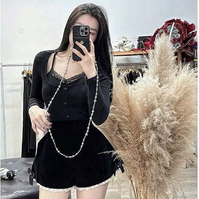 Quần váy xoè xếp ly lưng cao phối ren mẫu mới Nữ Trắng Đen 8