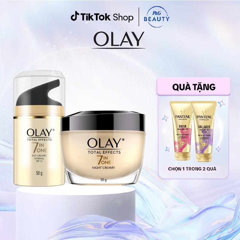 Combo 2: Kem Dưỡng Ẩm Ngày & Đêm Phục Hồi & Làm Chậm 7 Dấu Hiệu Lão OLAY TOTAL EFFECTS 50G X2 Tặng Dầu Xả Pantene Miracles Phục Hồi Hư Tổn / Ngăn Rụng Tóc 150ML