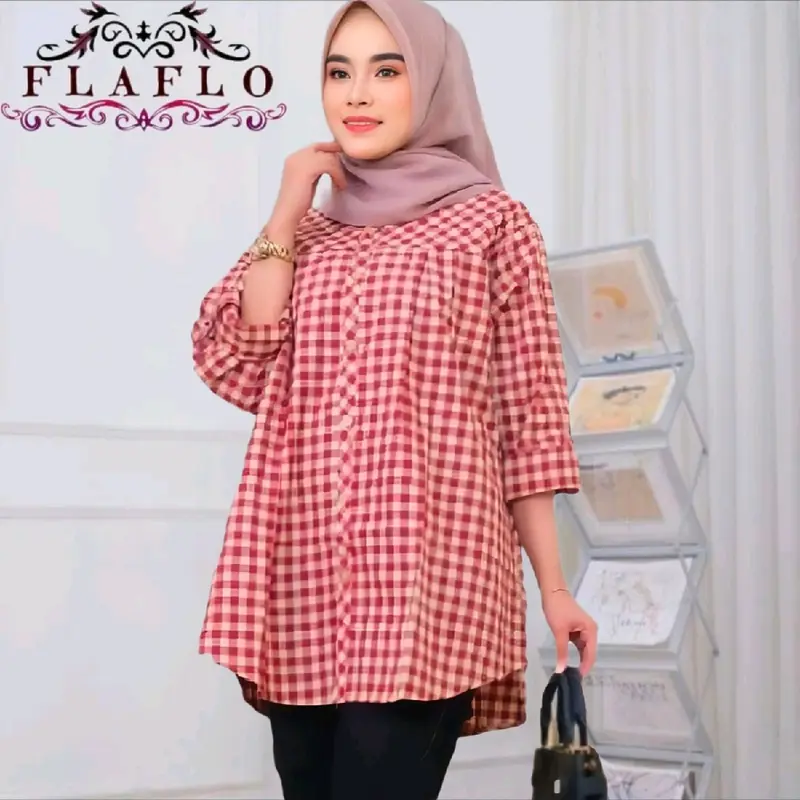 FLAFLO Blouse jumbo LD 120 kemeja kerja kotak kotak kekinian muat 85 kg Baju Atasan Panjang Katun Wanita Muslim lengan panjang 4