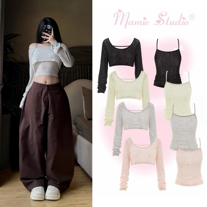 Mamie Studio Set áo Mamie 2 dây kèm áo tay dài chất liệu thun len dệt mỏng nhẹ…