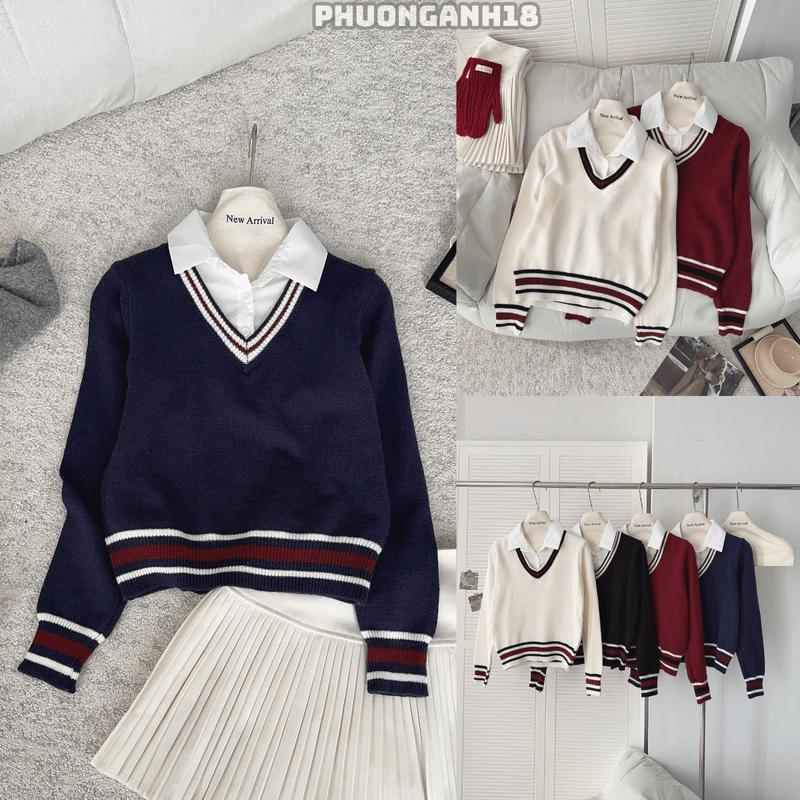 Set áo len cổ tim thêu hình kèm cổ bẻ Sơmi Hàng QCL1 A053