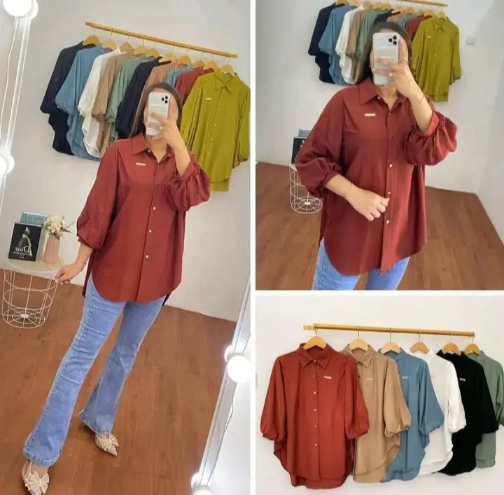 Kemeja Balon Lengan Karet Polo linen Premium Kemeja Kerja Wanita Blouse Wanita Kancing Panjang Abu Atasan Baju Oversize Top Katun Kerah Basic
