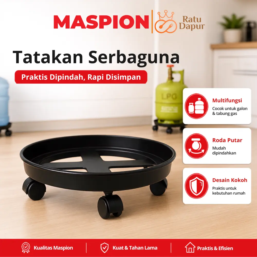 [AFF8] Rak Dudukan Tatakan LPG & Galon Air Maspion Multi Function Tray - Rak Gas 3 Kg & 12 Kg, Rak Galon Roda Kokoh, Plastik Kuat, Diameter 33 CM Penyimpanan