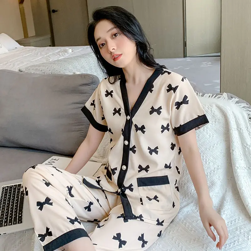 Piyama Wanita Dewasa Model Kancing Depan Mewah Lengan Pendek Celana Panjang Import High Quality Sleepwear 4